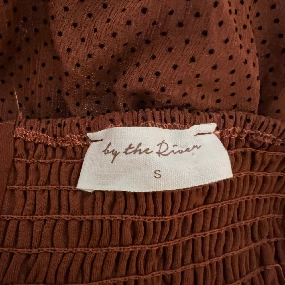 By The River Brown Polka Dot Puff Sleeve Dress Small Smocked Back - Picture 5 of 12